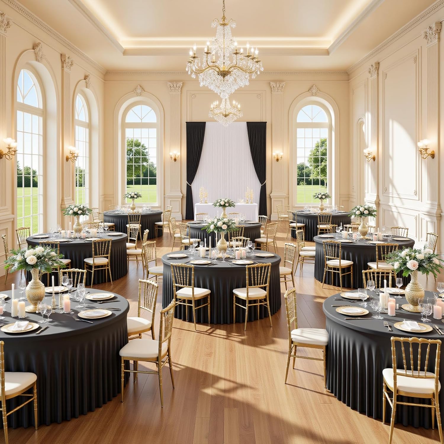 12 Pack 60 Inch Black Round Tablecloth with Skirt, Fitted Table Cover for 5FT Tables, Wrinkle Resistant and Washable Table Cloth for Wedding Party Banquet Buffet Indoor Outdoor Events