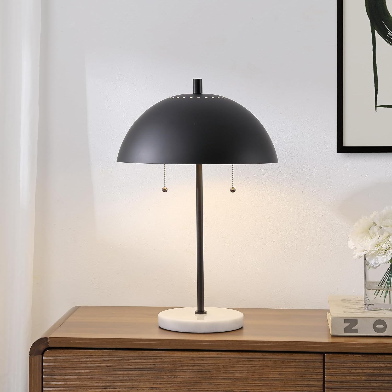 JONATHAN Y 20.7' Black/White Marble 2-Light LED Table Lamp for Modern Bedside Decor, Glam Desk Lamp, Gold Metal Dome Shade, Pull Chain Switch, Bulbs Included (JYL1071B)