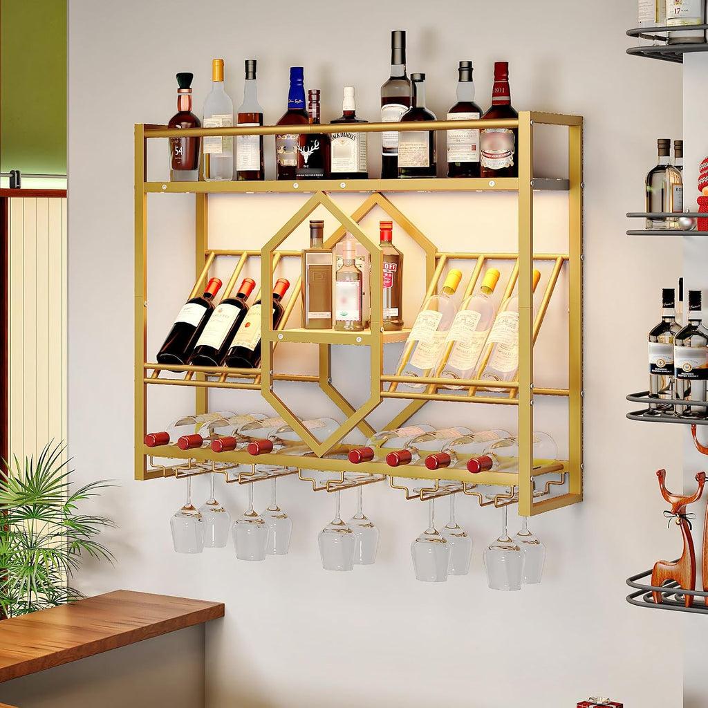 HOOBRO Corner Shelf Wall-Mounted, Set of 2 Floating Corner Shelves for Wall, Wine Glass Bottle Rack Stemware Holder, Hanging Bar Liquor Bottle Display Shelf for Living Room WT25BJP201-DW73DBJ01
