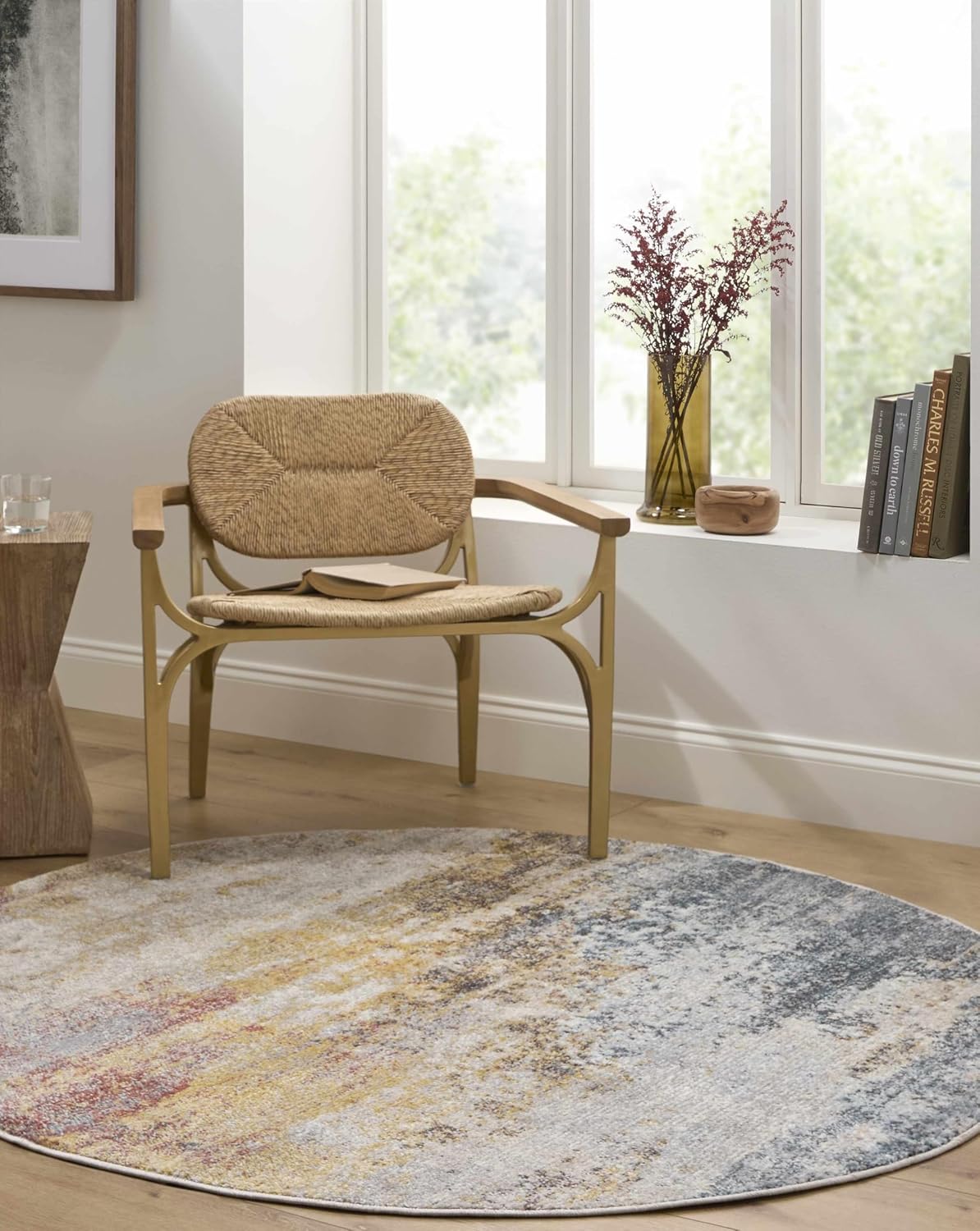 BoutiqueRugs Light Gray Abstract 5ft Round Area Rug Contemporary Mustard Ice Blue Navy Alexandra Living Room Bedroom Dining Room Home Office Apartment 5'3' Round Stain Resistant Non-Shedding