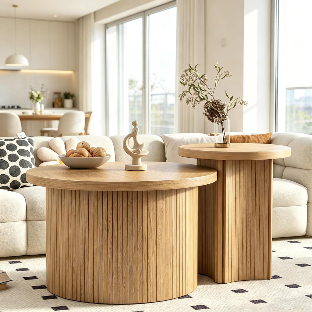 Mxtxmy Round Nesting Coffee Table Set of 2,Coffee Tables for Living Room,Round Coffee Tables with Wood Finish,Stackable Coffee Table Set,Rustic Sofa Side Table,Living Room Bedroom (Large Size)