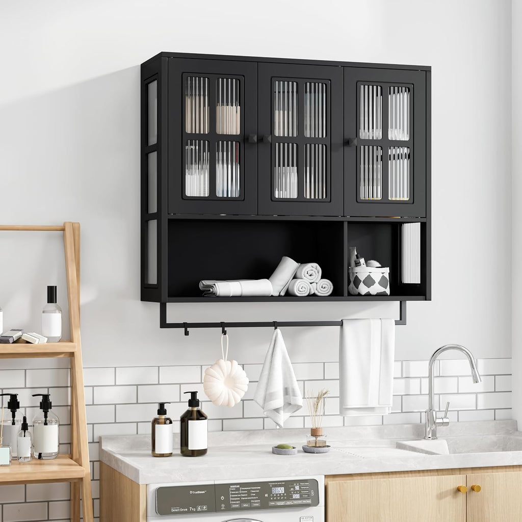 Polibi Wall Cabinet with Fluted Glass, Modern Wall-Mounted Storage with Towel Bar, Removable Shelves, Minimalist Design for Entryway Living Room Bathroom Dining Room, Easy Assembly, Black