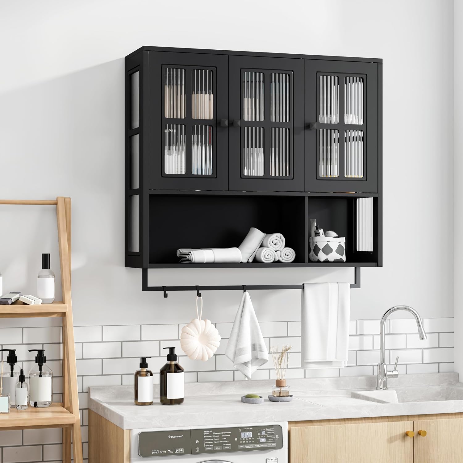 Polibi Wall Cabinet with Fluted Glass, Modern Wall-Mounted Storage with Towel Bar, Removable Shelves, Minimalist Design for Entryway Living Room Bathroom Dining Room, Easy Assembly, Black