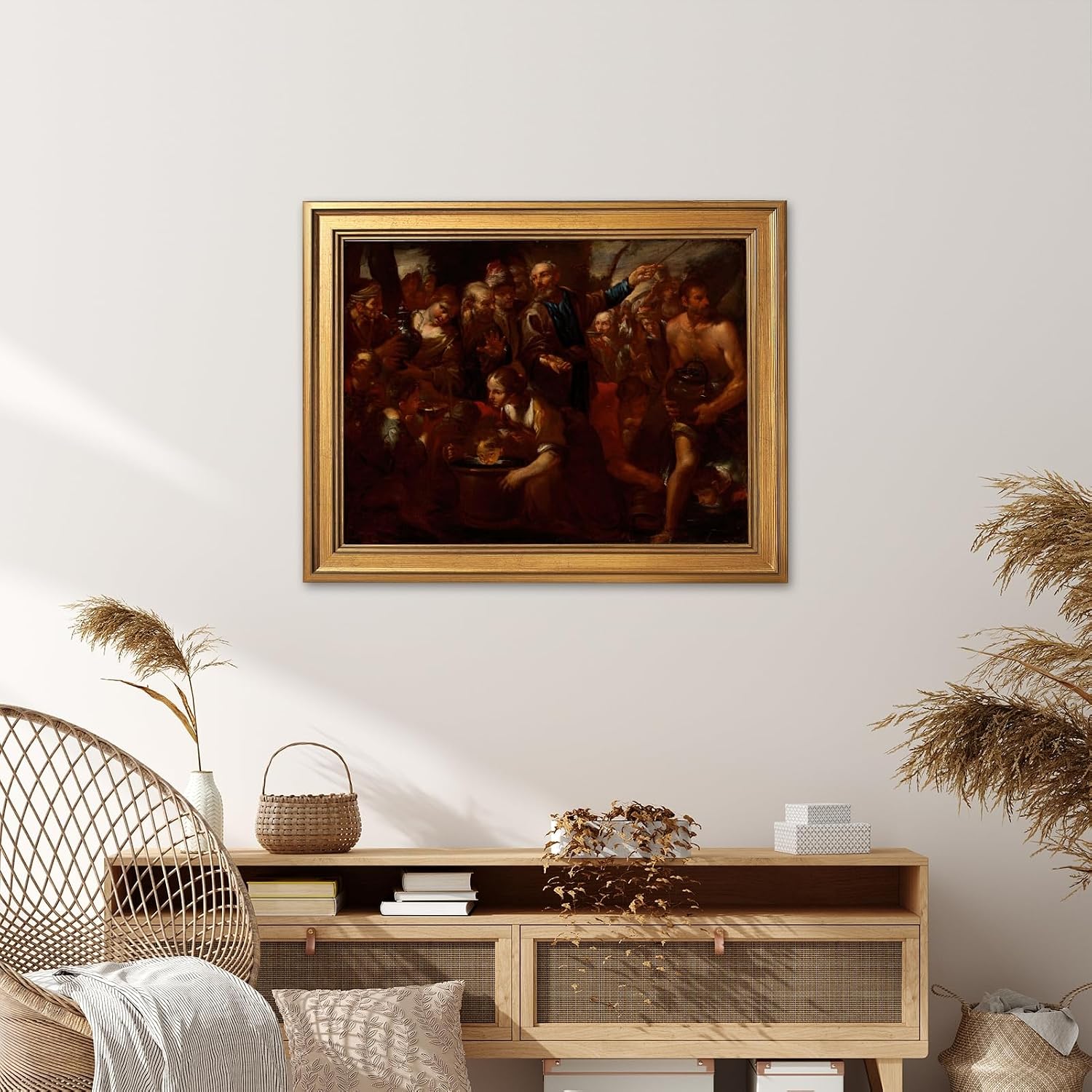 Moses Striking the Rock (1630) Gioacchino Assereto (1600 1649) Classical Religious Wall Art Poster Traditional Christian Renaissance Inspired Decor Canvas Print Living Room 24X36inchGolden frame