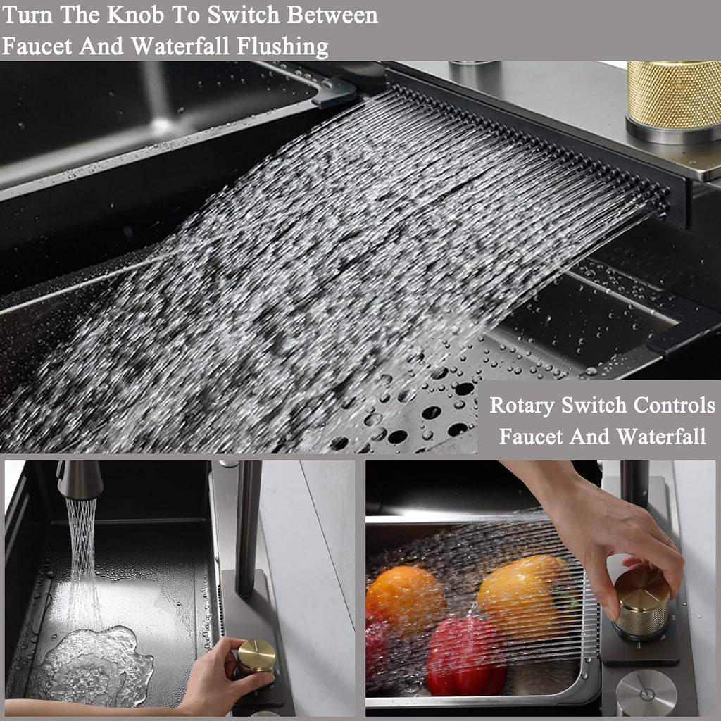 Waterfall Kitchen Sink Stainless Steel Top Mount Sink Black Nano Single Bowl Sink Multifunctional Workstation Sink with Pull-Out Faucet, Glass Cup Washer, D(Black-65x50x22cm
