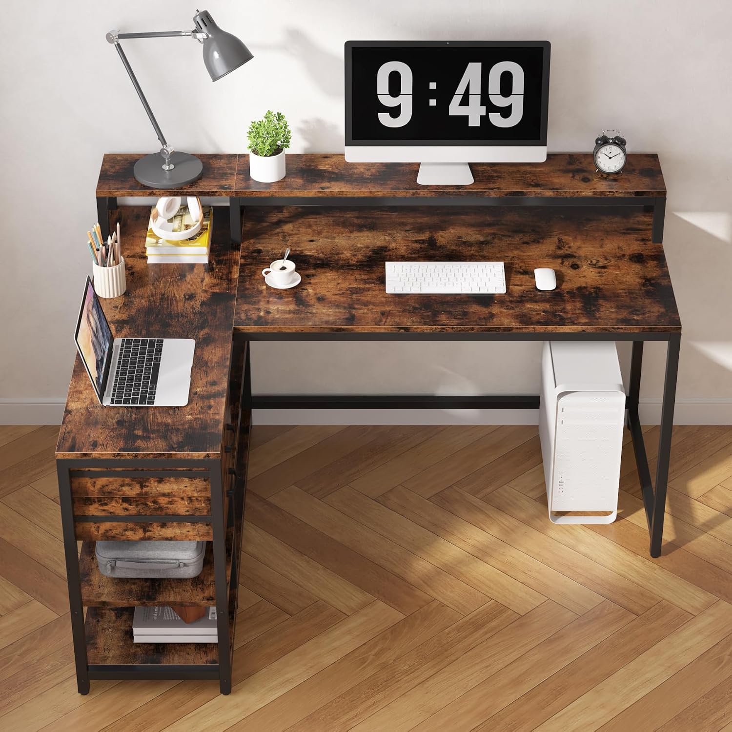 Tribesigns L Shaped Desk with Drawers and Storage Shelves, Home Office L Corner Desk with Monitor Stand, 55' x 24' Desktop Computer Table, Gaming Study Table for Small Space