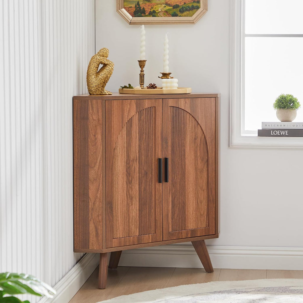 BERRYMERRY Fluted Corner Cabinet with Storage,Space Saving Corner Floor Cabinet with Adjustable Shelve & Arched Profile Door for Living Room Kitchen Bathroom (Brown, 15.7'D x 31.5'W x 30.7'H)