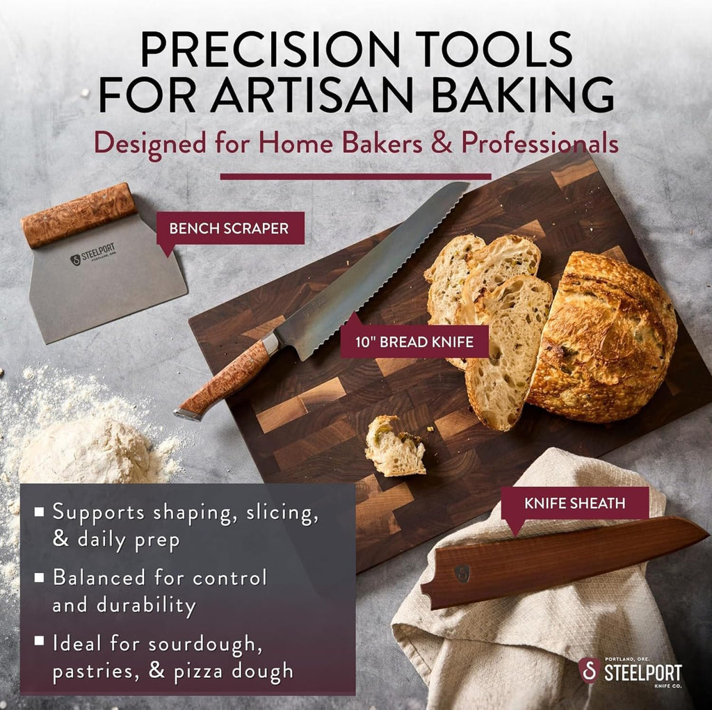 STEELPORT Bread Knife Set (3 Pcs.) – 10' Carbon Steel Serrated Bread Knife with Wooden Sheath & Stainless Steel Bench Scraper | Sourdough Tools for Professional Kitchen | Made in USA