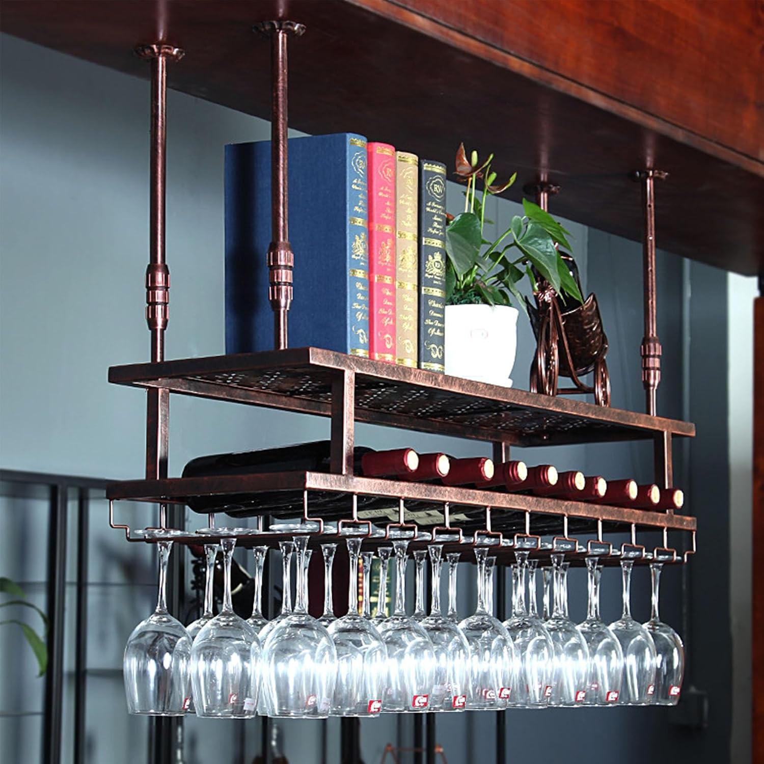 Hanging Metal Wine Rack Bar Shelves Liquor Bottle Display Shelf Wall Mounted with Wine Glass Storage Holder Rack for Liquor Bottles Floating Bar Kitchen Shelves for Home Bar Dining Room(Copper,80cm(31