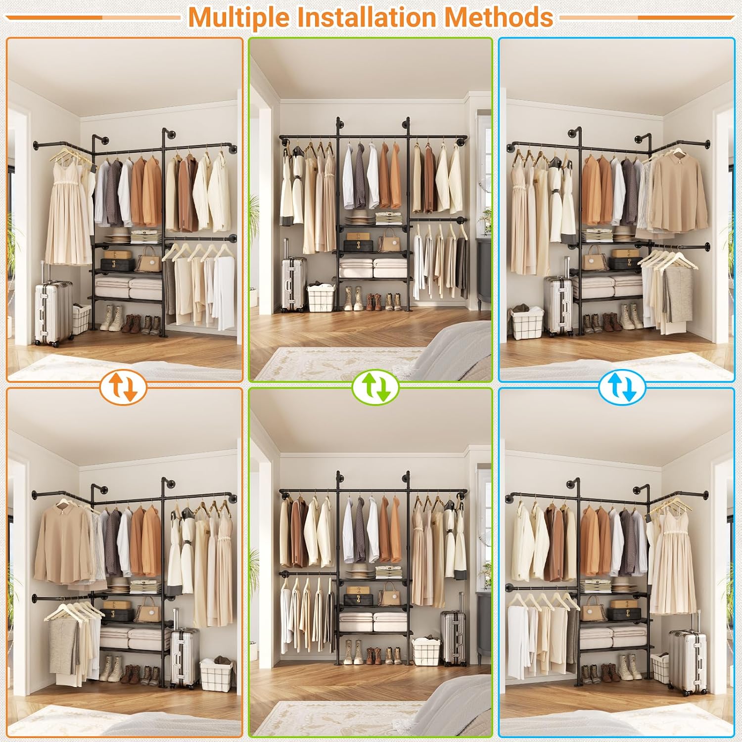 Cyclysio Industrial Pipe Clothing Rack, Reversible 7.25FT Wall Mounted Clothes Rack, Heavy Duty Garment Racks Closet Wardrobe with LED Lights& Shelves, Walk-in Closet System, Grey