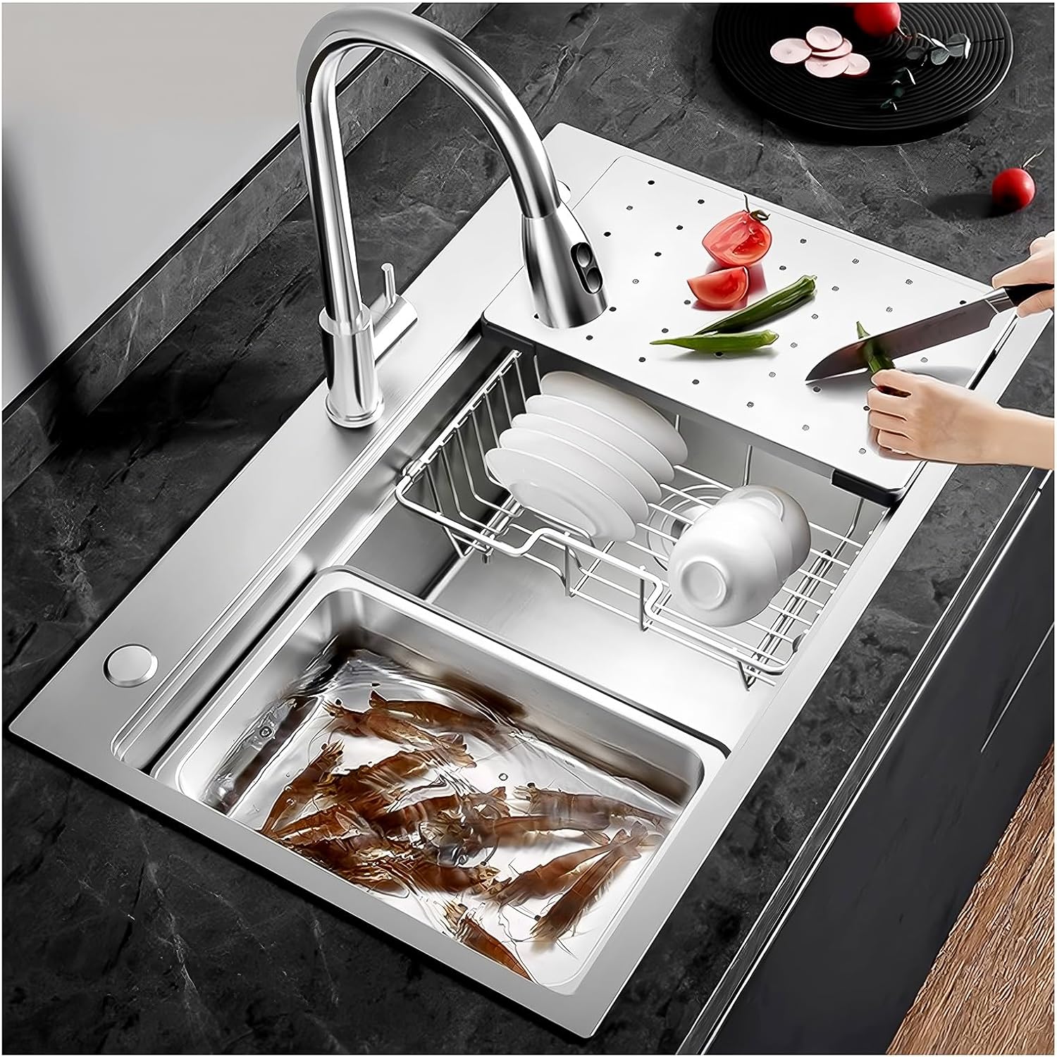 Large Kitchen Sink, With Drain Kits, 304 Stainless Steel, Heavy Duty Kitchen Bar Sink, Single Bowl Sink, For Drop In, Undermount(B,85x50x22cm)