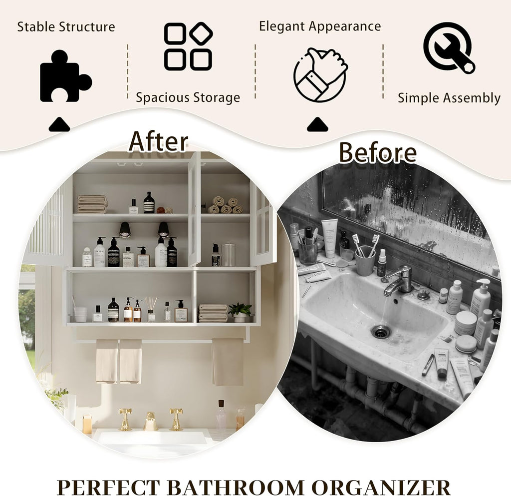 Polibi Wall Cabinet with Fluted Glass, Modern Wall-Mounted Storage with Towel Bar, Removable Shelves, Minimalist Design for Entryway Living Room Bathroom Dining Room, Easy Assembly, White