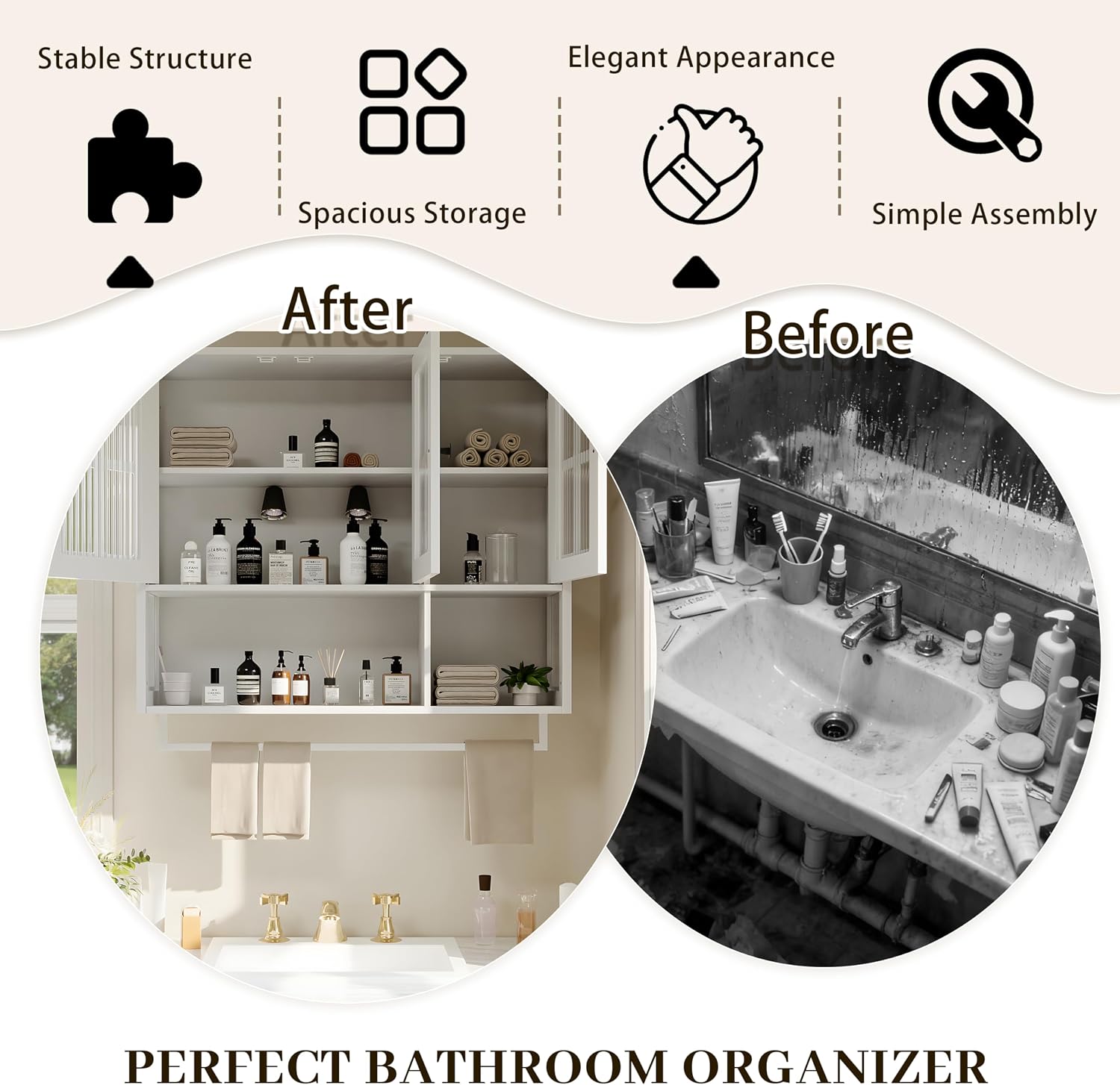 Polibi Wall Cabinet with Fluted Glass, Modern Wall-Mounted Storage with Towel Bar, Removable Shelves, Minimalist Design for Entryway Living Room Bathroom Dining Room, Easy Assembly, White