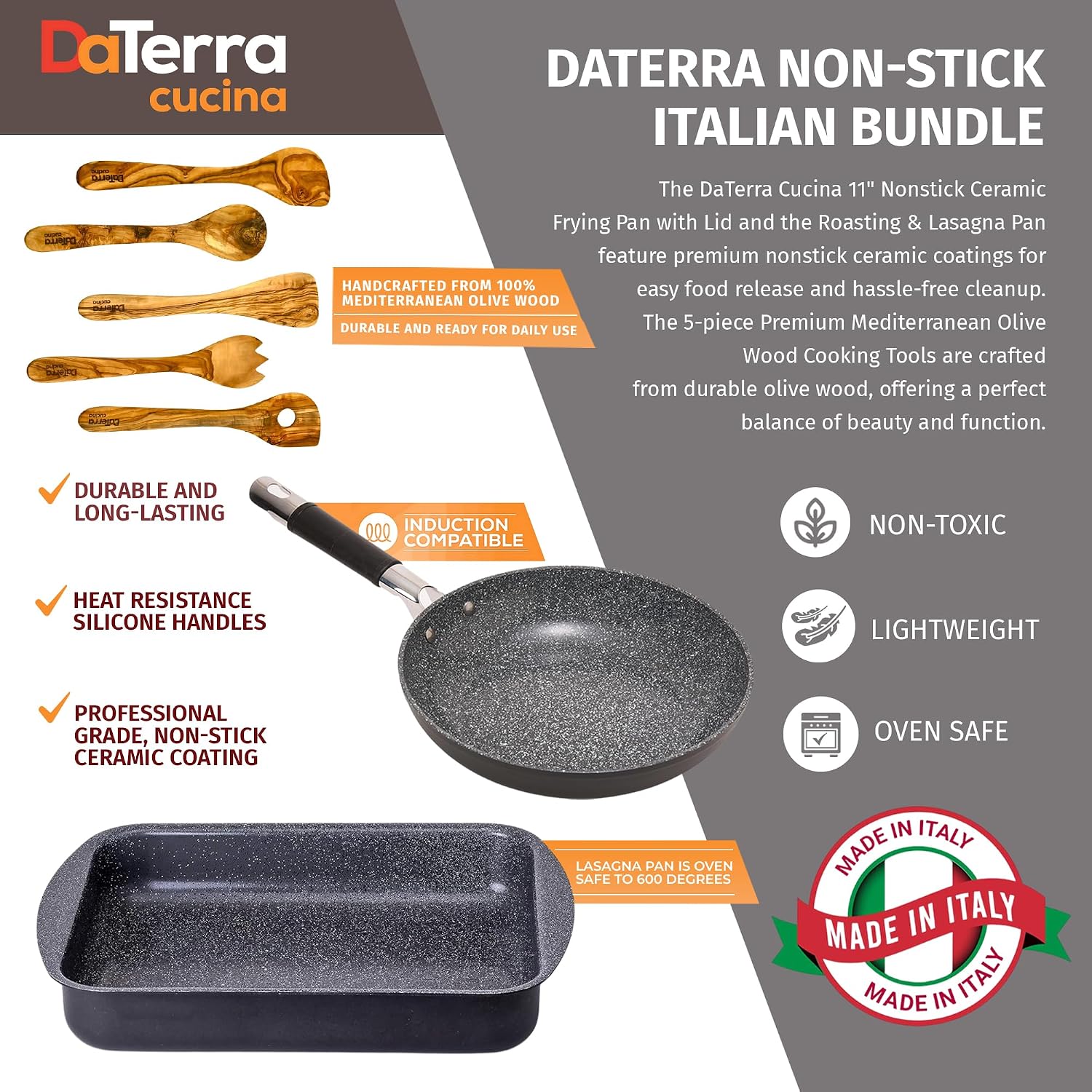 DaTerra Cucina Nonstick Italian Bundle – Roasting & Lasagna Pan, 11' Frying Pan with Lid, 5-Piece Olive Wood Cooking Utensils Set – Oven Safe, PTFE & PFOA Free - Made in Italy, Ceramic