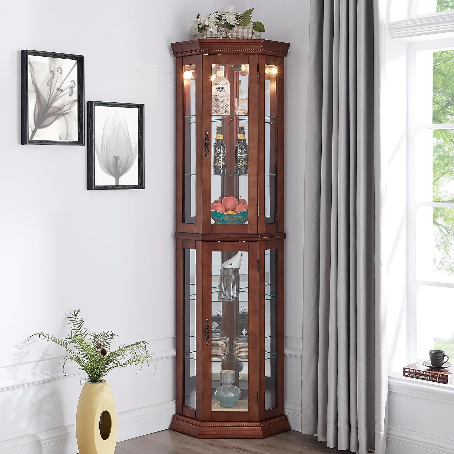 czczgx Lighted Wooden Corner Display Curio Cabinet, Curved Shelving Unit with Adjustable Shelves and Mirrored Back Panel, Tempered Glass Doors for Bedroom, Living Room (Walnut, Corner Shape)
