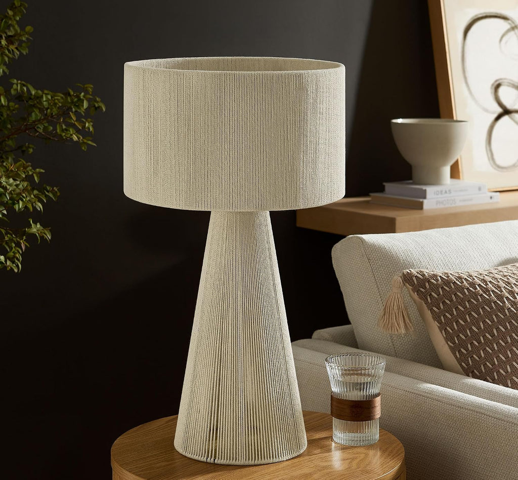 Modway Gia Vintage Modern Cotton Thread Table Lamp in Natural - Unique Retro Boho Accent Lamp with Metal Base and Repeating Stripes Design