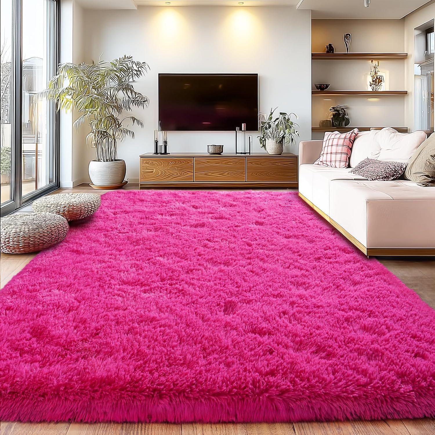 Extra Large 9x12 Feet Fuzzy Rug Hot Pink Fluffy Rug for Living Room, Big Plush Non-Skid Shag Carpet, Soft Shaggy Rugs for Bedroom Indoor Modern Home Decor