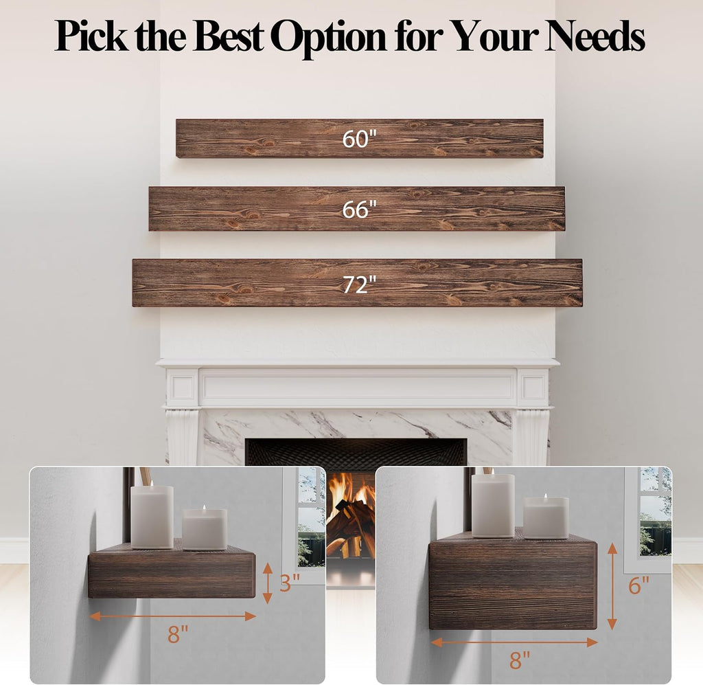 60 Inch Fireplace Mantel Shelf - 8' Deep Solid Wood Floating Mantel for Over Fireplace - 90LBS with Invisible Bracket - Handcrafted TV Decor for Livingroom & Bedroom - Charred Rustic Brown