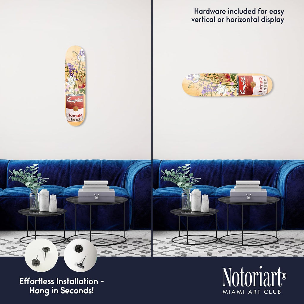 Trendy Pop Acrylic Wall Art Die-Cut Easy-to-Hang, 1 Panel 8' x 32', Floral Soup Can Skateboard