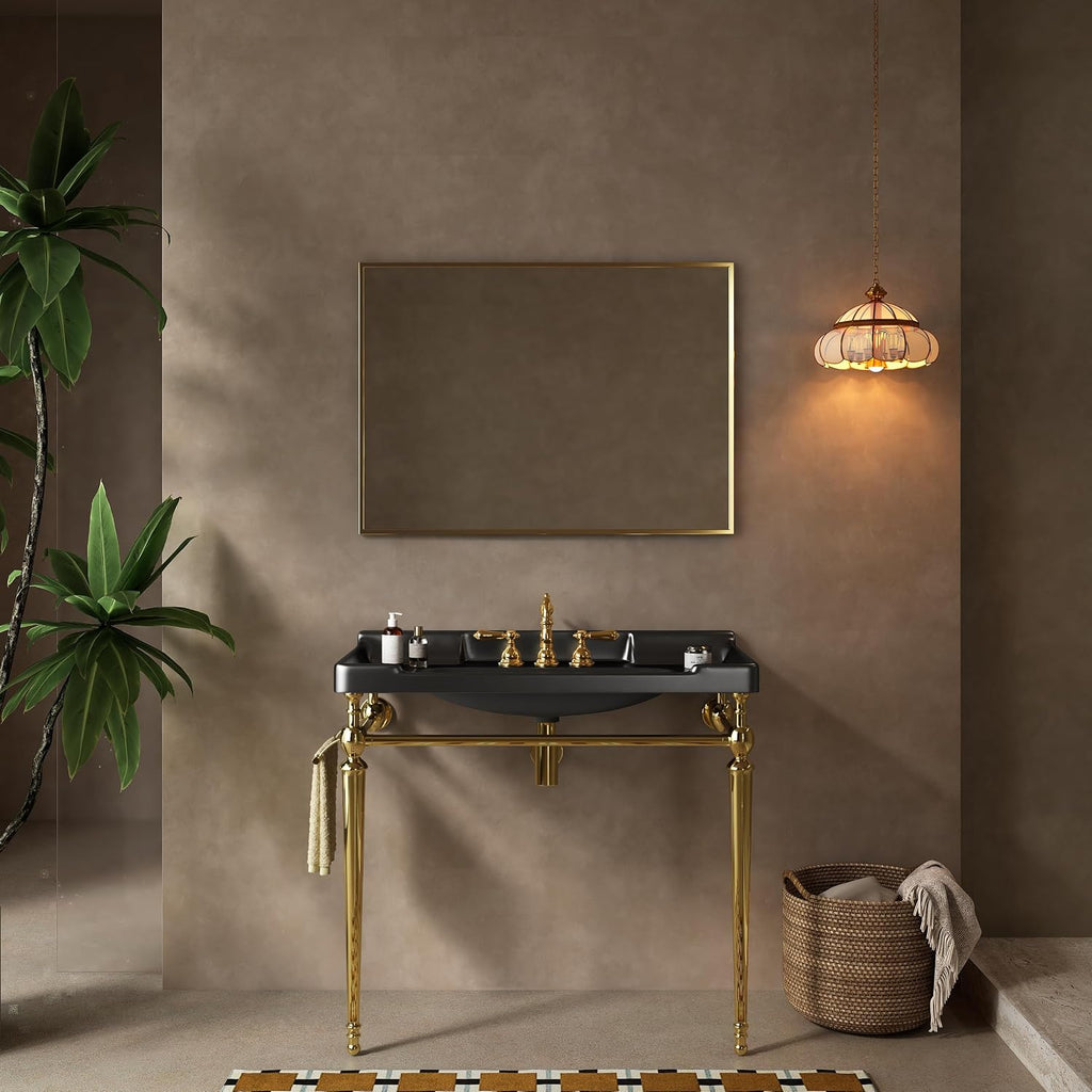 Yayzy 36' Bathroom Vanity with Black Ceramic Sink, Wall-Mounted Console Style, Gold-Finish Stainless Steel Legs & Towel Bar, 3 Faucet Holes, No Faucet