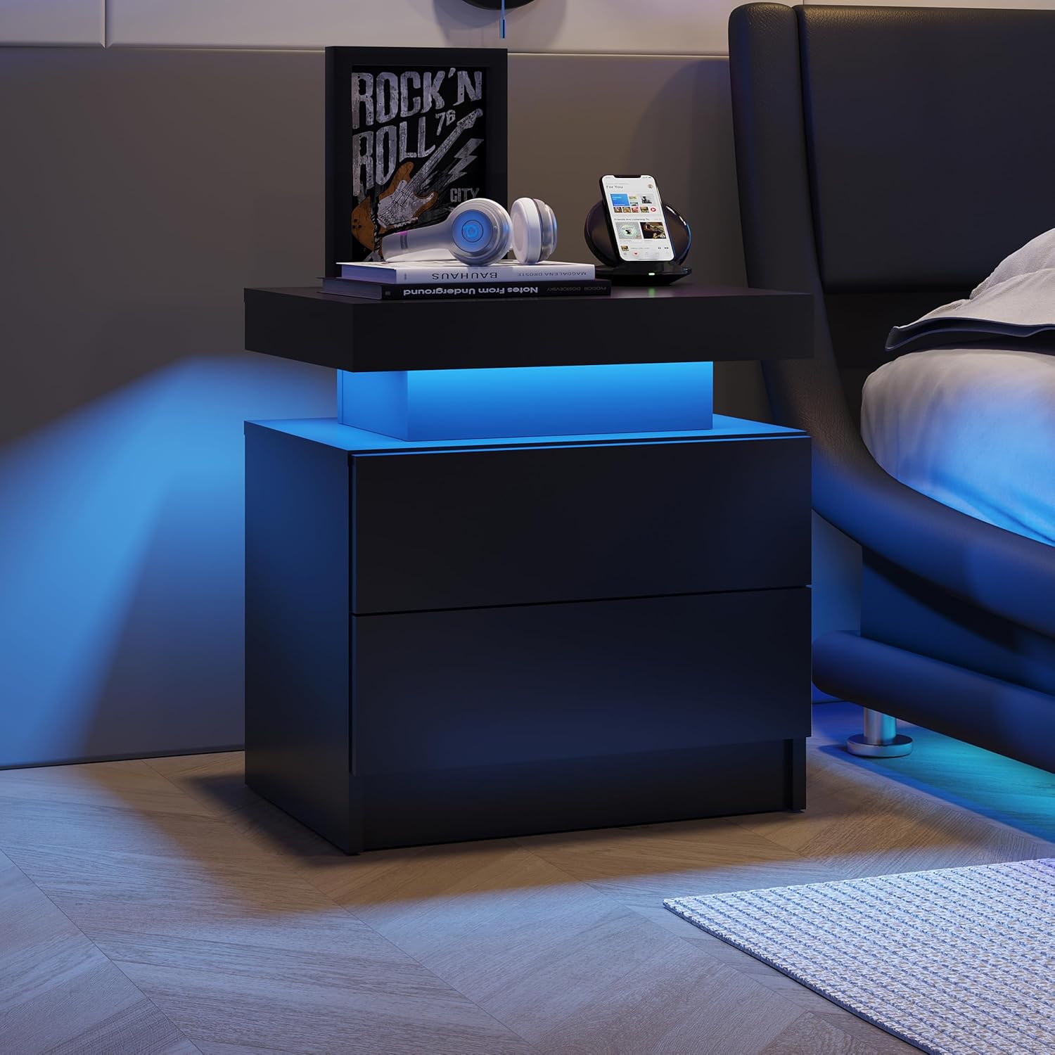 Black Nightstands Set of 2 LED Night Stand Set 2 Modern Bedside Table with 2 Drawers Side Table with LED Lights for Bedroom,Living Room