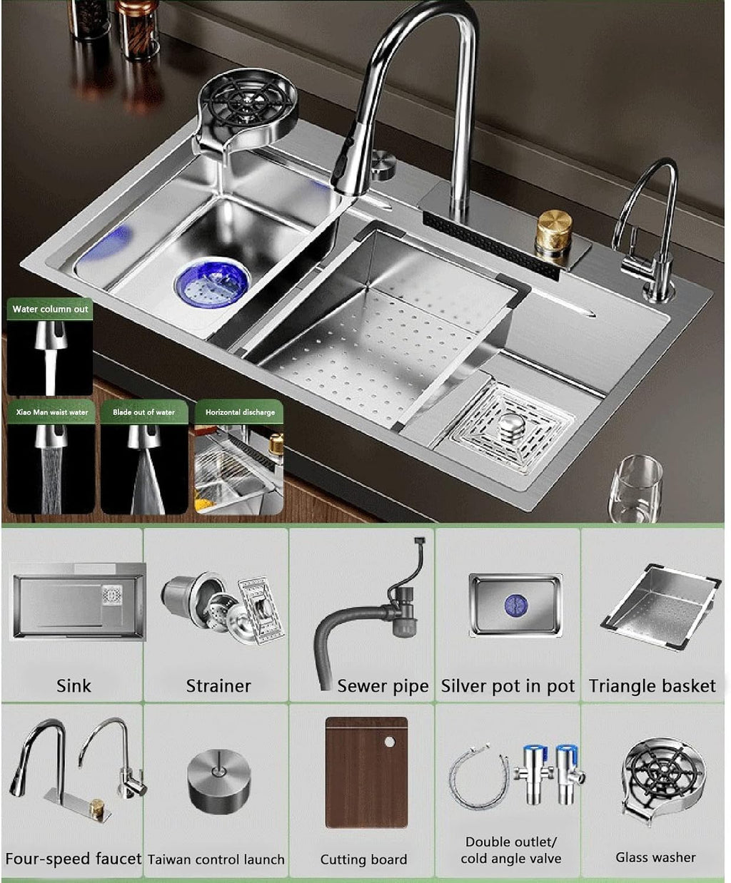 Stainless Steel Kitchen Sink Integrated Waterfall & Pull-Down Faucet Set - Large Bowl Sink with Nano Coating Farmhouse Workstation Sink Kit(