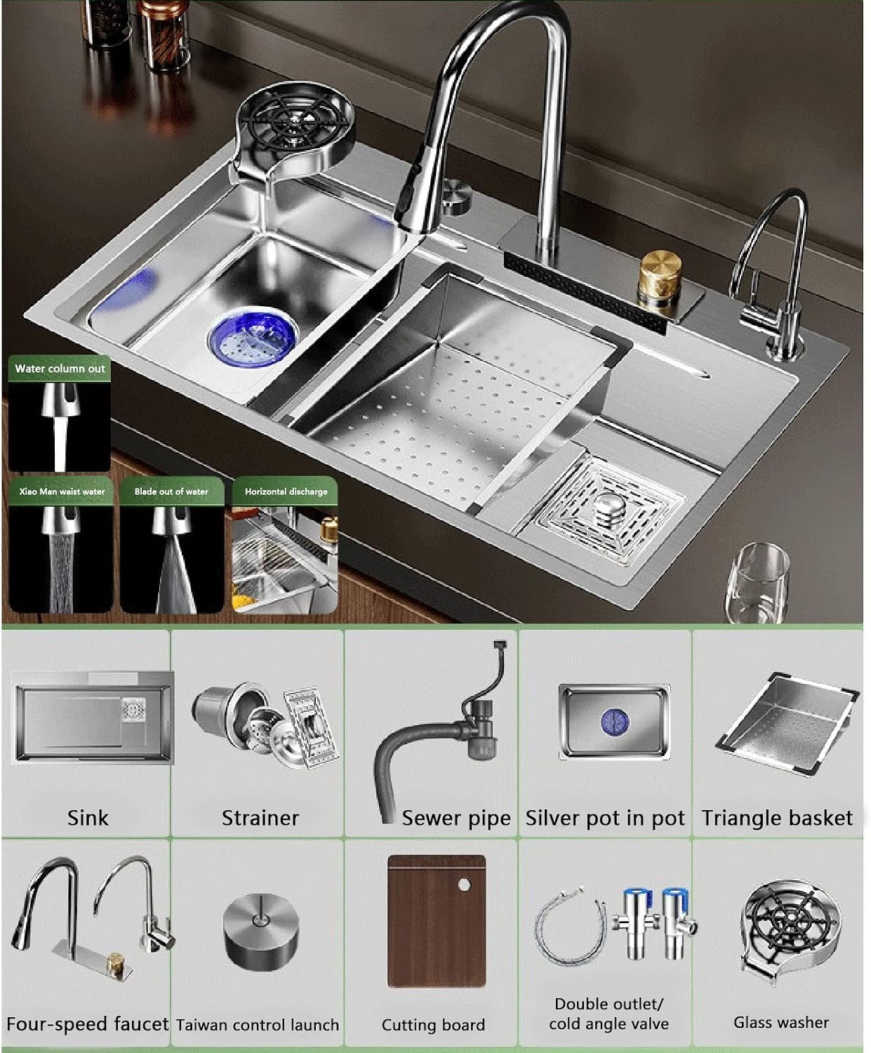 Stainless Steel Kitchen Sink Integrated Waterfall & Pull-Down Faucet Set - Large Bowl Sink with Nano Coating Farmhouse Workstation Sink Kit(