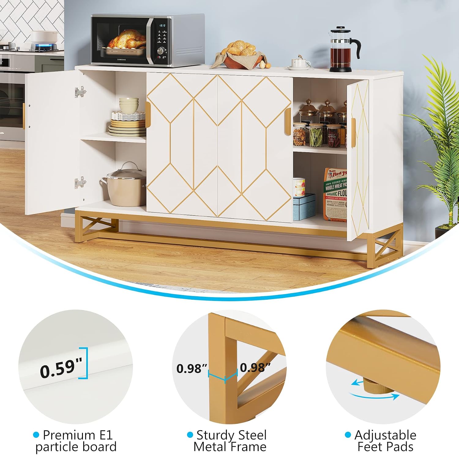 Tribesigns White Gold Storage Cabinet with Door and Adjustable Shelves for Living Room, Modern Floor Cabinets Long Sideboard Buffet Golden Coffee Bar with 4 Doors Metal Frame for Home Office Kitchen