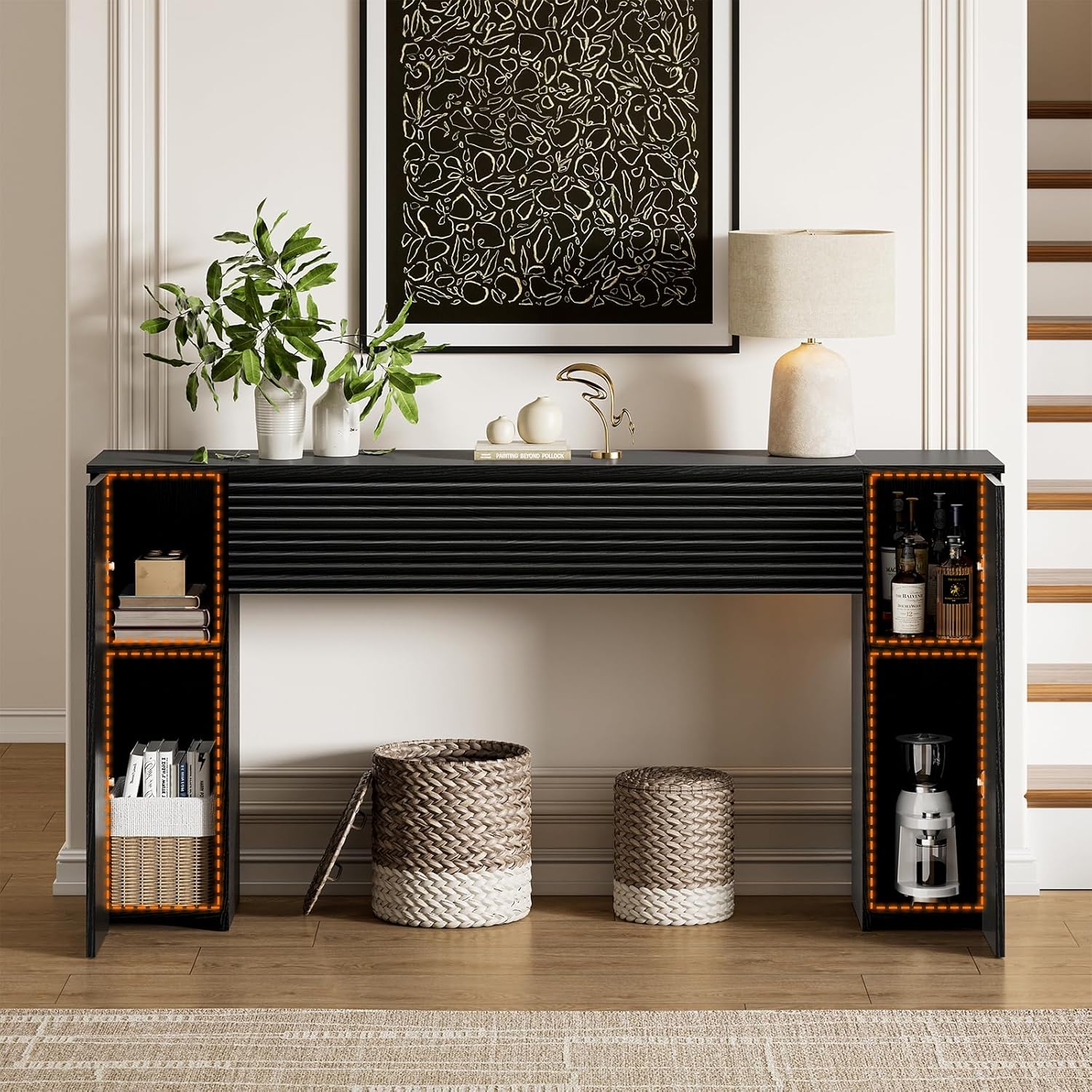 FABATO 61'' Fluted Long Console Table, Wooden Rectangular Sofa Table Behind The Couch, Narrow Entryway Table with 2 Hidden Storage Cabinets for Entrance, Hallway, Living Room, Foyer, Black