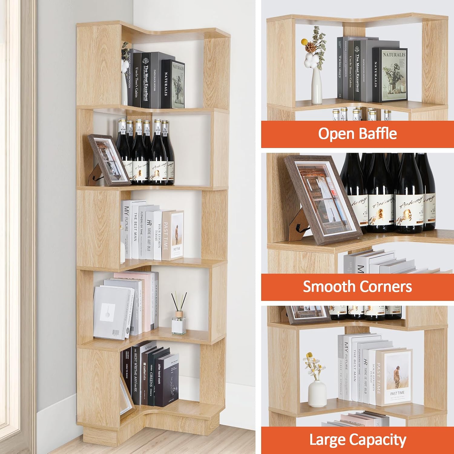 Wooden Corner Bookcase, 5 Tiers Corner Bookshelf 68.9' L-Shaped Storage Display Rack Tall Large Open Bookshelf with Fixture for Living Room Bedroom Study Office