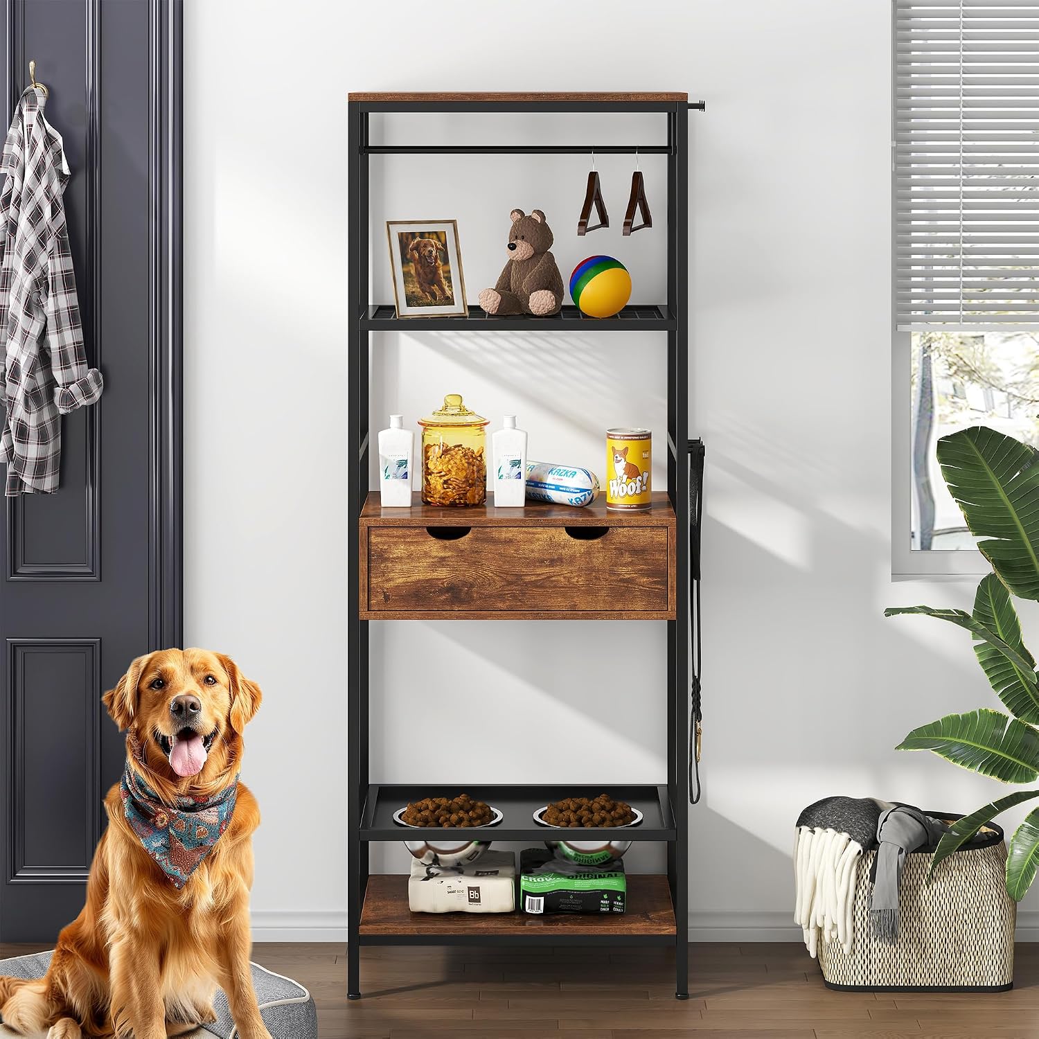 Dog Feeding Station Dog Feeder Station 3 Height Adjustable Raised Dog Bowls, Dog Storage Organizer with Shelves and 1 Drawer for Large Medium Dogs Cats, Black+Vintage