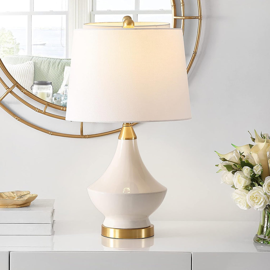 SAFAVIEH Lighting Collection Marlowe Modern White Glass 25-inch Bedroom Living Room Home Office Desk Nightstand Table Lamp Set of 2 (LED Bulbs Included)