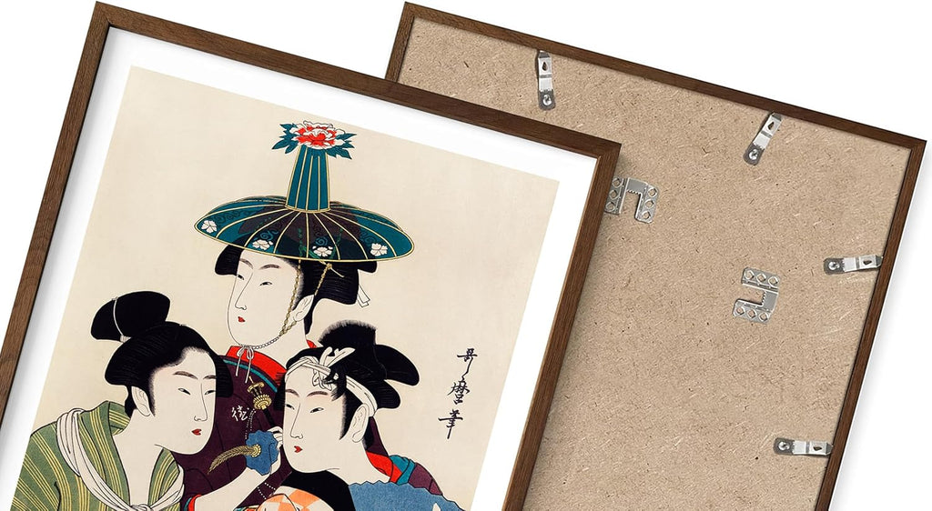 Japanese Ukiyo-e Wall Art Three Women Portrait Bijin-ga Traditional Illustration 24x36 Inch Oak Wood Walnut Framed Asian Heritage Decor Print for Bedroom