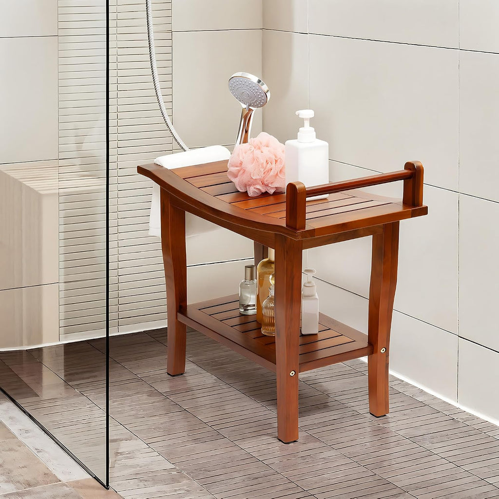 Axeman Premium Teak Shower Bench with Shelf – 24' 2-Tier Waterproof Shower Stool for Bathroom, Elderly & Shaving | Heavy-Duty 350lbs Capacity, Indoor & Outdoor Use
