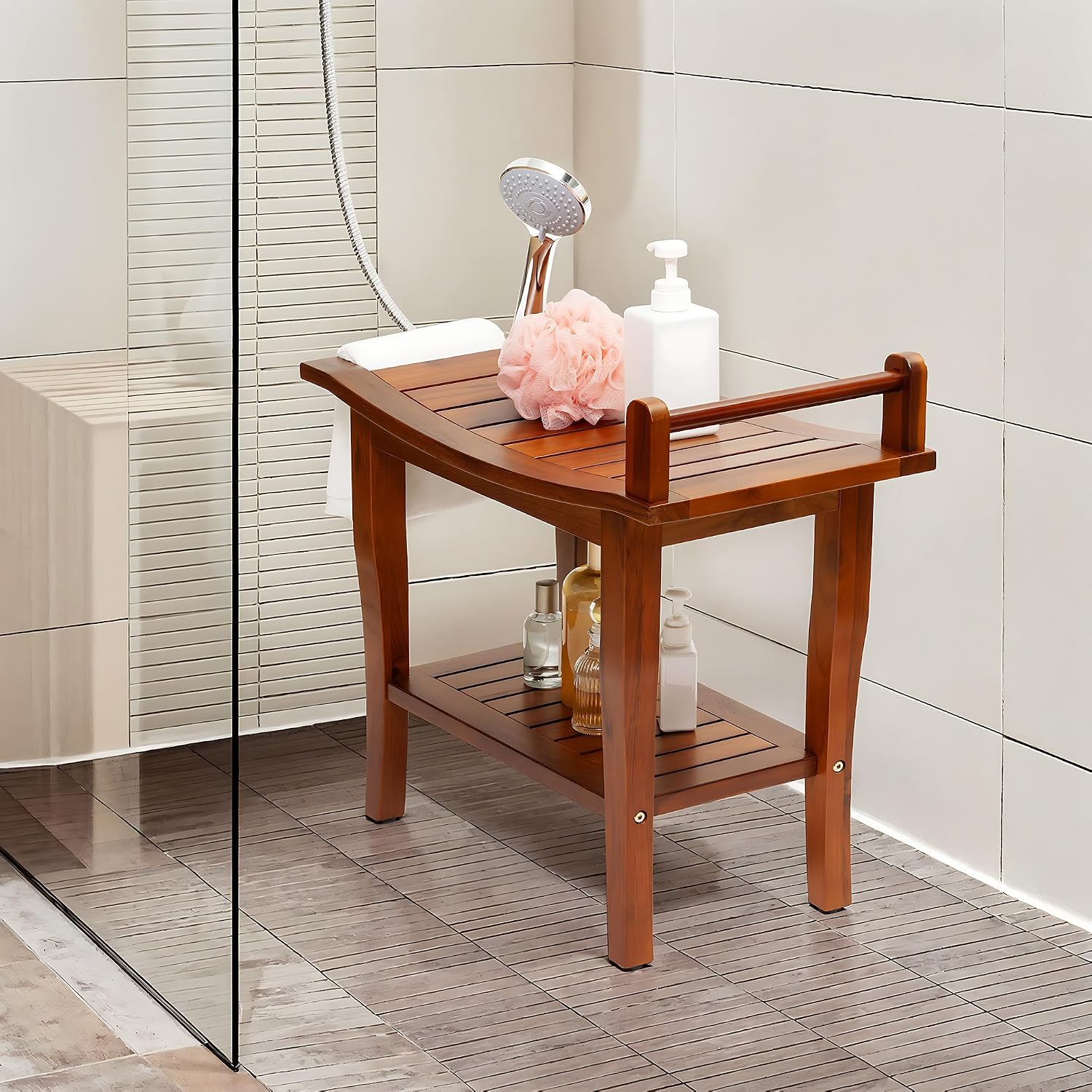 Axeman Premium Teak Shower Bench with Shelf – 24' 2-Tier Waterproof Shower Stool for Bathroom, Elderly & Shaving | Heavy-Duty 350lbs Capacity, Indoor & Outdoor Use