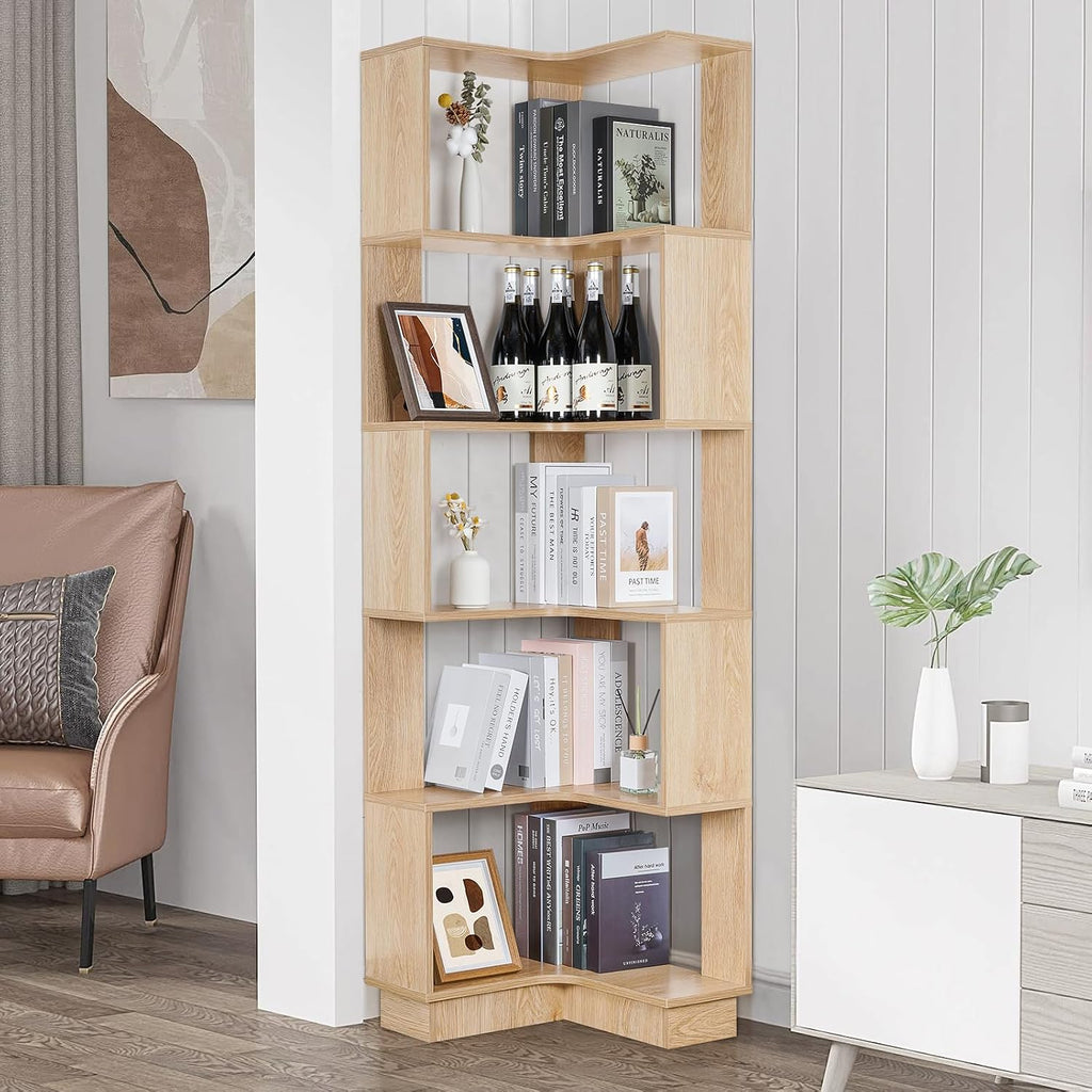 Wooden Corner Bookcase, 5 Tiers Corner Bookshelf 68.9' L-Shaped Storage Display Rack Tall Large Open Bookshelf with Fixture for Living Room Bedroom Study Office