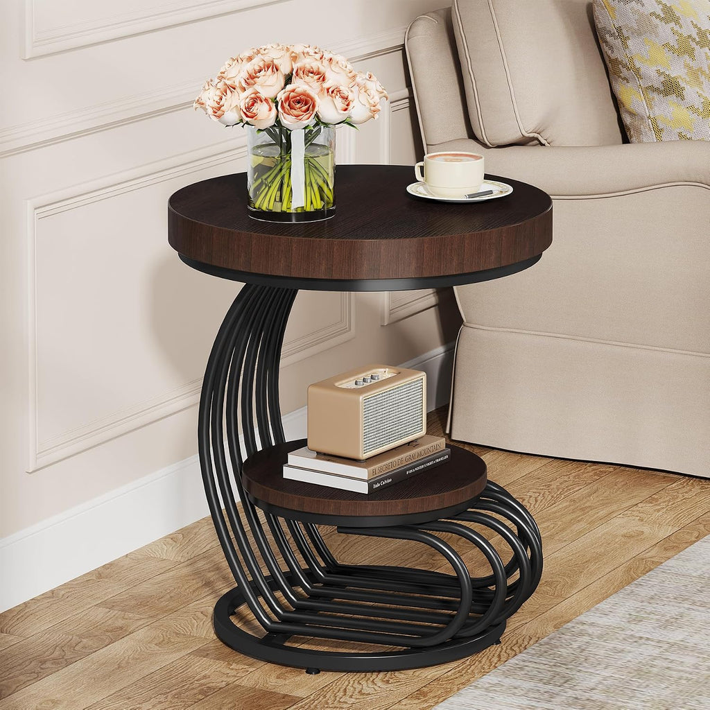 Tribesigns Round End Table Set of 2, 2-Tier Farmhose Wood Side Table with Shelf Storage, Small Sofa Side Bedside Nightstand, Accent Furniture for Living Room, Rustic Brown