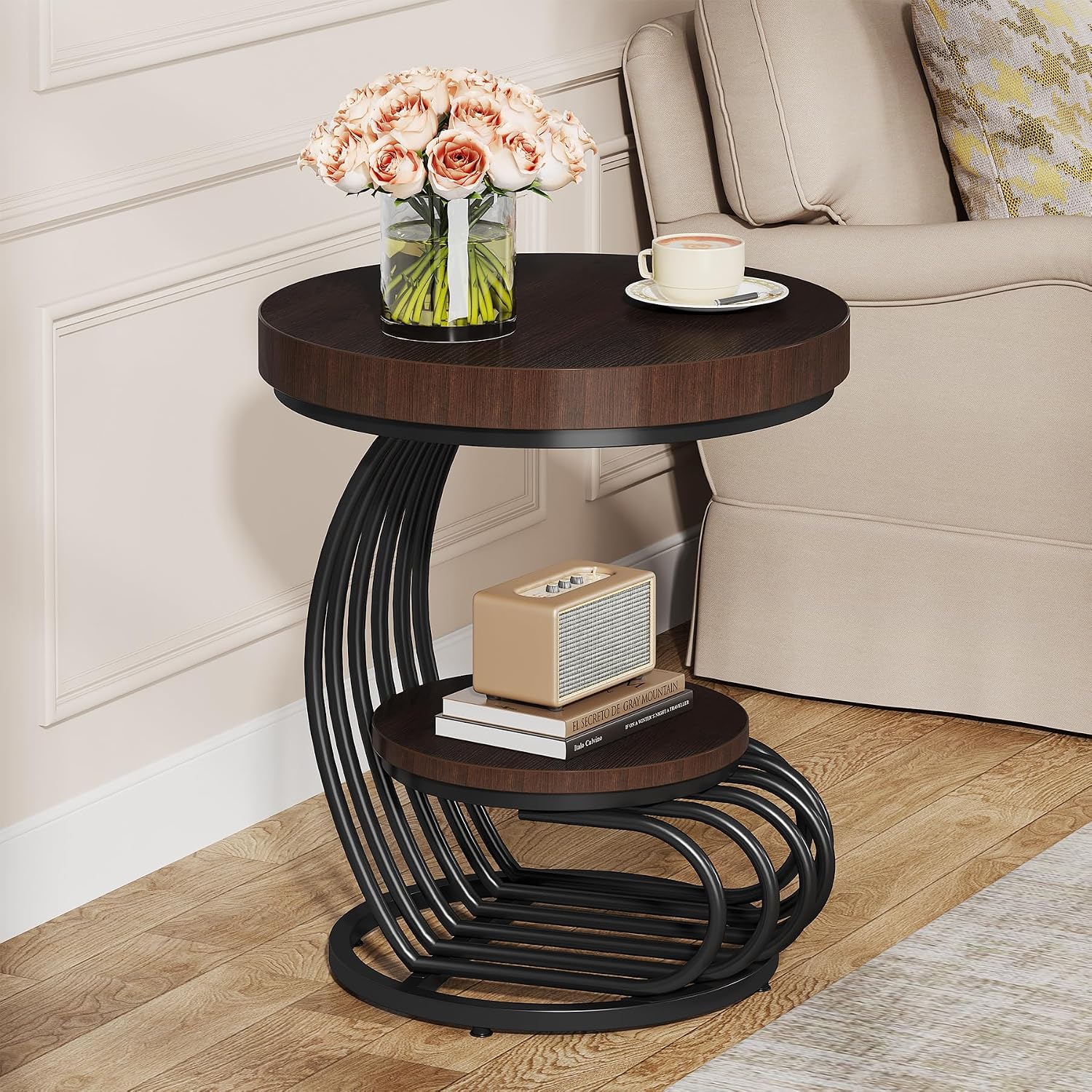 Tribesigns Round End Table Set of 2, 2-Tier Farmhose Wood Side Table with Shelf Storage, Small Sofa Side Bedside Nightstand, Accent Furniture for Living Room, Rustic Brown