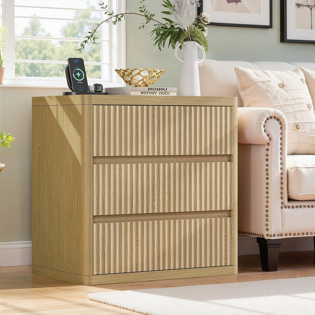 Fluted Nightstand with 3 Drawers, Wood Night Stand with Storage, 25' Wide Side Table, Modern Bedside Table for Bedroom, End Table for Living Room, Handleless Design, Curved Profile, Natural Oak 1PC