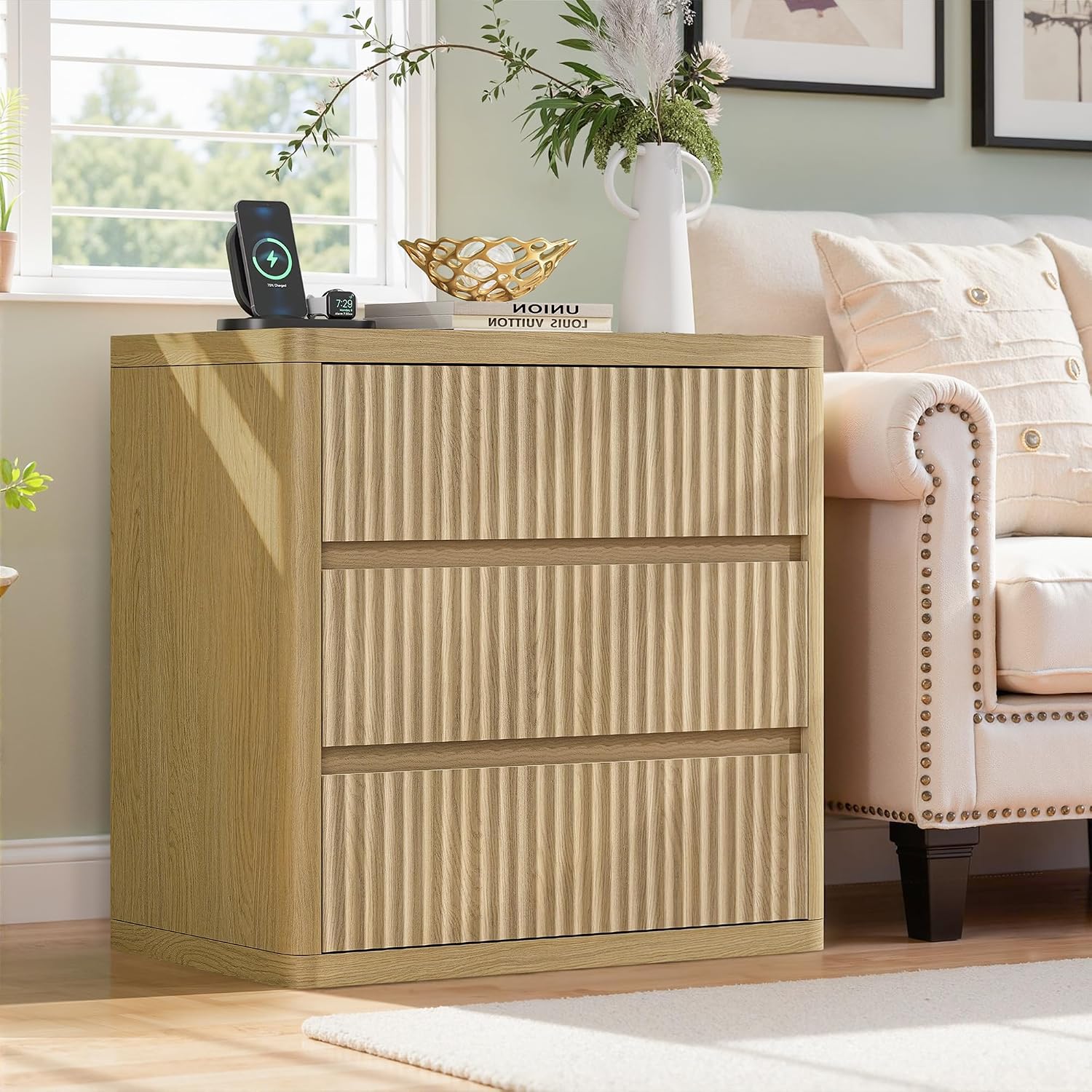 Fluted Nightstand with 3 Drawers, Wood Night Stand with Storage, 25' Wide Side Table, Modern Bedside Table for Bedroom, End Table for Living Room, Handleless Design, Curved Profile, Natural Oak 1PC