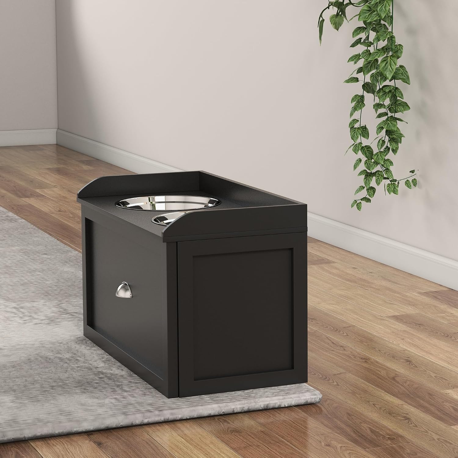 Dog Feeding Station with Storage Drawer, Dog Food Storage Cabinet with 2 Removable Elevated Dog Bowls for Large Sized Dogs, Black