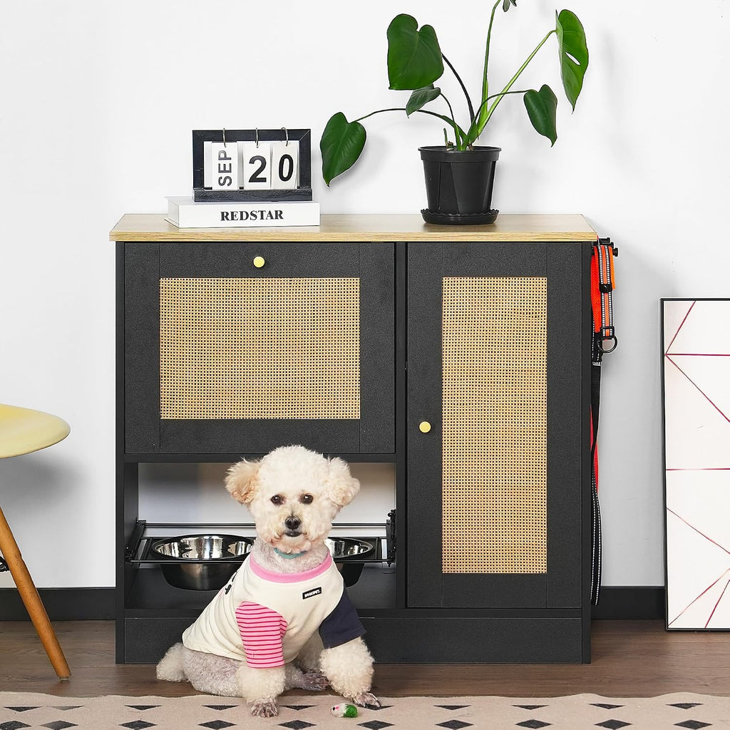 Feeding Station with 2 lockers, pet Feeding Station with 2 Elevated Dog Bowls, Side Hooks, Anti-Tipping kit, Hidden pet Feeding Station for Feeding and Watering, Rattan Door, Black