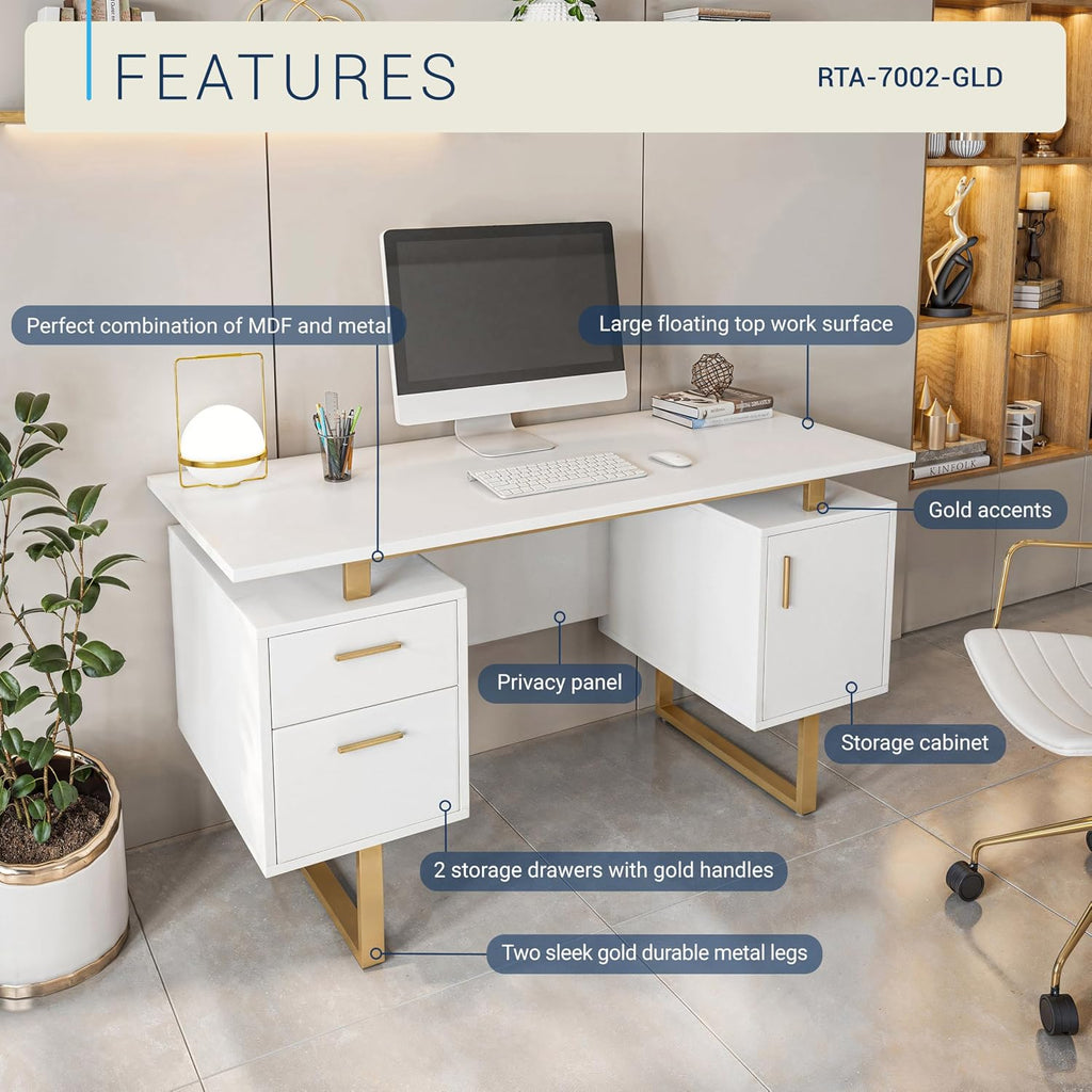Techni Mobili Storage Drawers and Cabinet 51.25' W-Modern Office Large Floating Desktop Surface Desk, 23.6' D x 51.2' W x 29.8' H, White/Gold