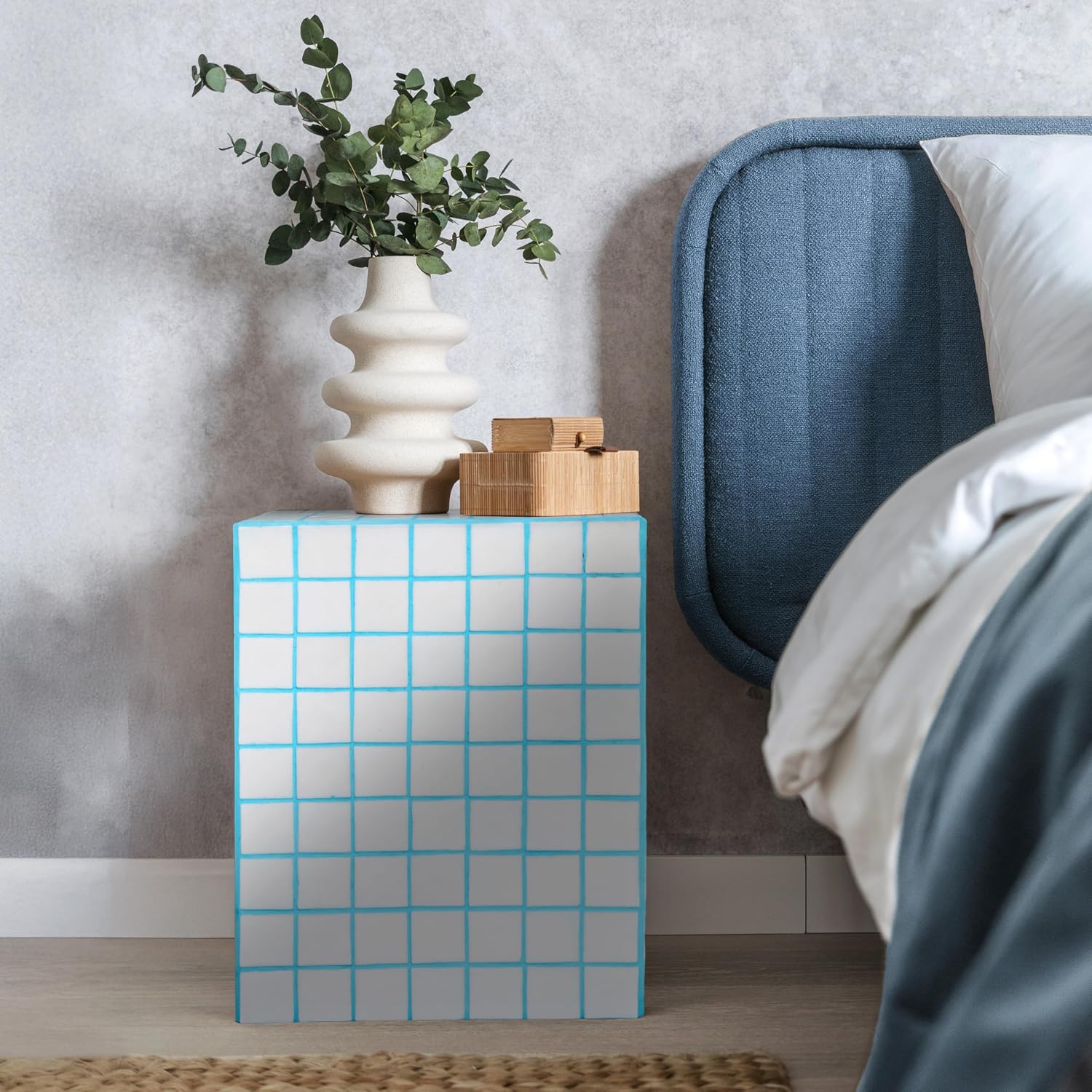 JONATHAN Y END2000E Callista 18' Modern Bohemian Ceramic Tiled Rectangle End Table, Side Table, Accent Table for Living Room, Bedroom, White/Neon Blue