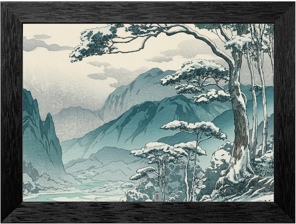 Framed Wall Art - Winter Mountain Pass Landscape in Black Frame - Japanese Woodblock Style Snowy Nature Print - Ready to Hang Home Decor - 24x36 Inch