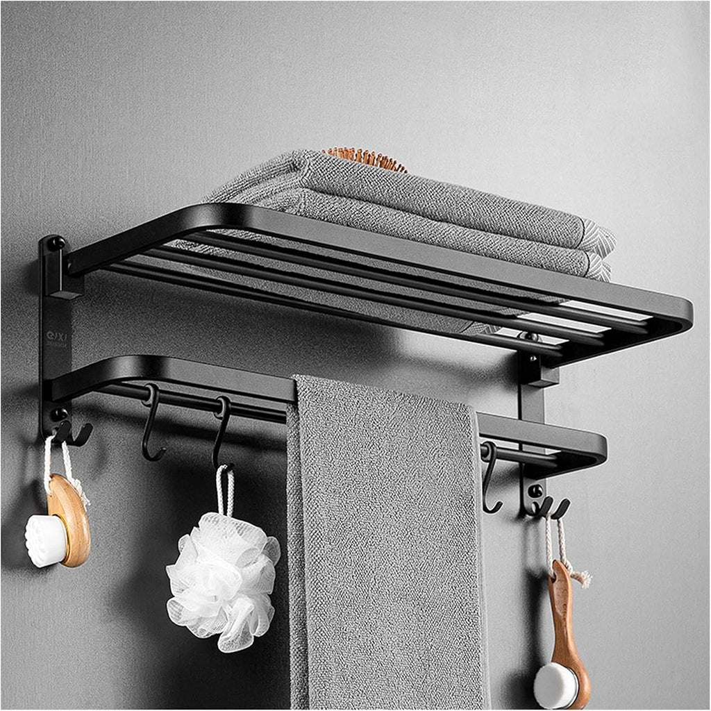 TOMYEUS Shower Caddy Bathroom Shelf Floating Shelves,Wall Mounted Bathroom Wall Shelves with Towel Bar,5 S-Shape Hooks Included,304 Stainless Steel Matte Black Shower Organizer