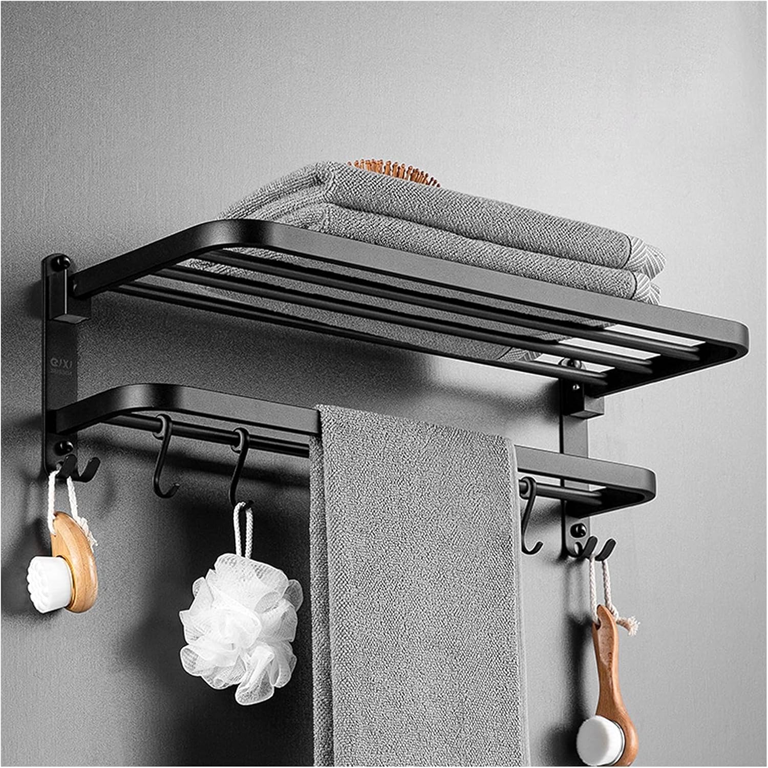 TOMYEUS Shower Caddy Bathroom Shelf Floating Shelves,Wall Mounted Bathroom Wall Shelves with Towel Bar,5 S-Shape Hooks Included,304 Stainless Steel Matte Black Shower Organizer