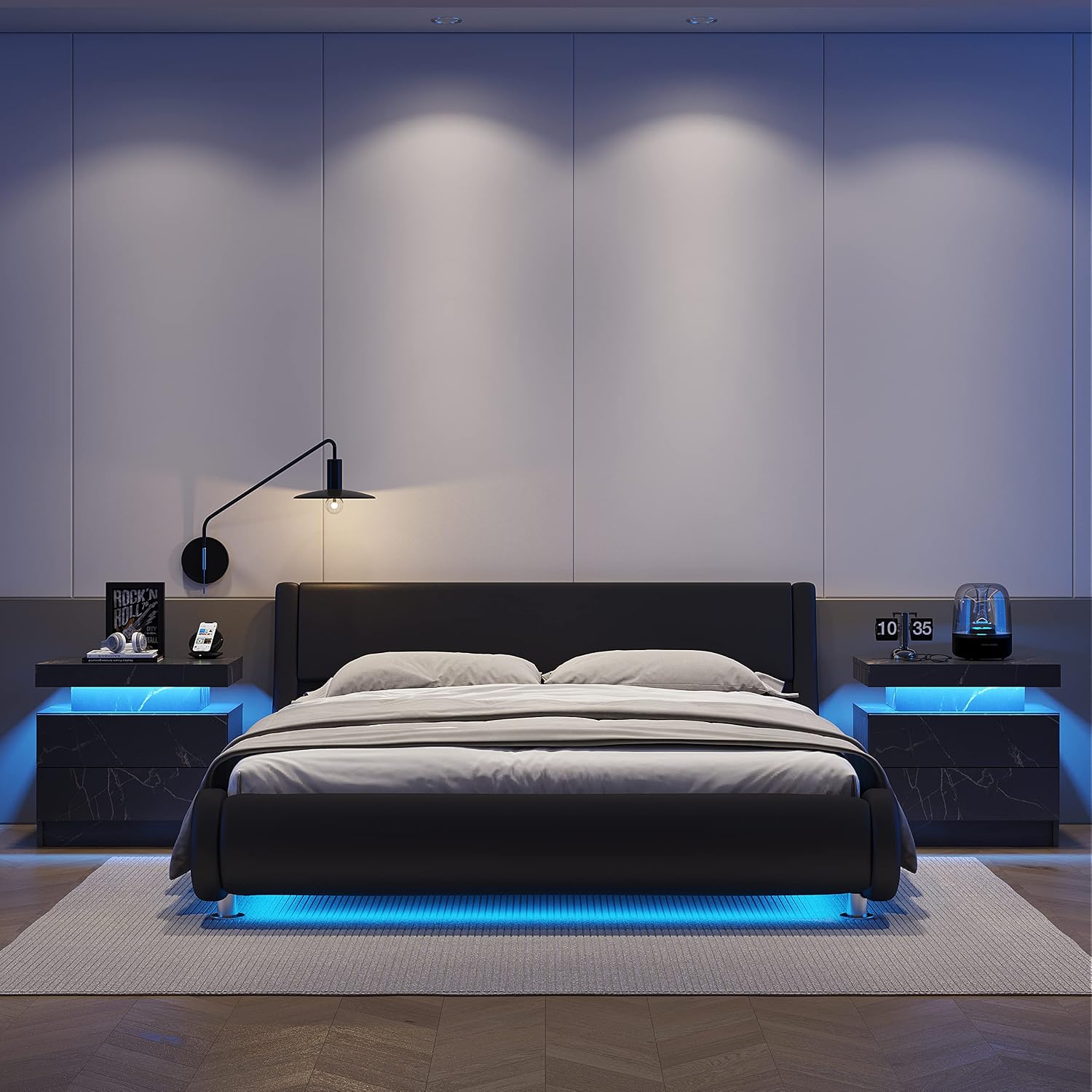 LED Nightstands Set of 2, Modern End Side Table with 2 Drawers, LED Bedroom Furniture for Bedroom and Living Room, Black Marble Pattern
