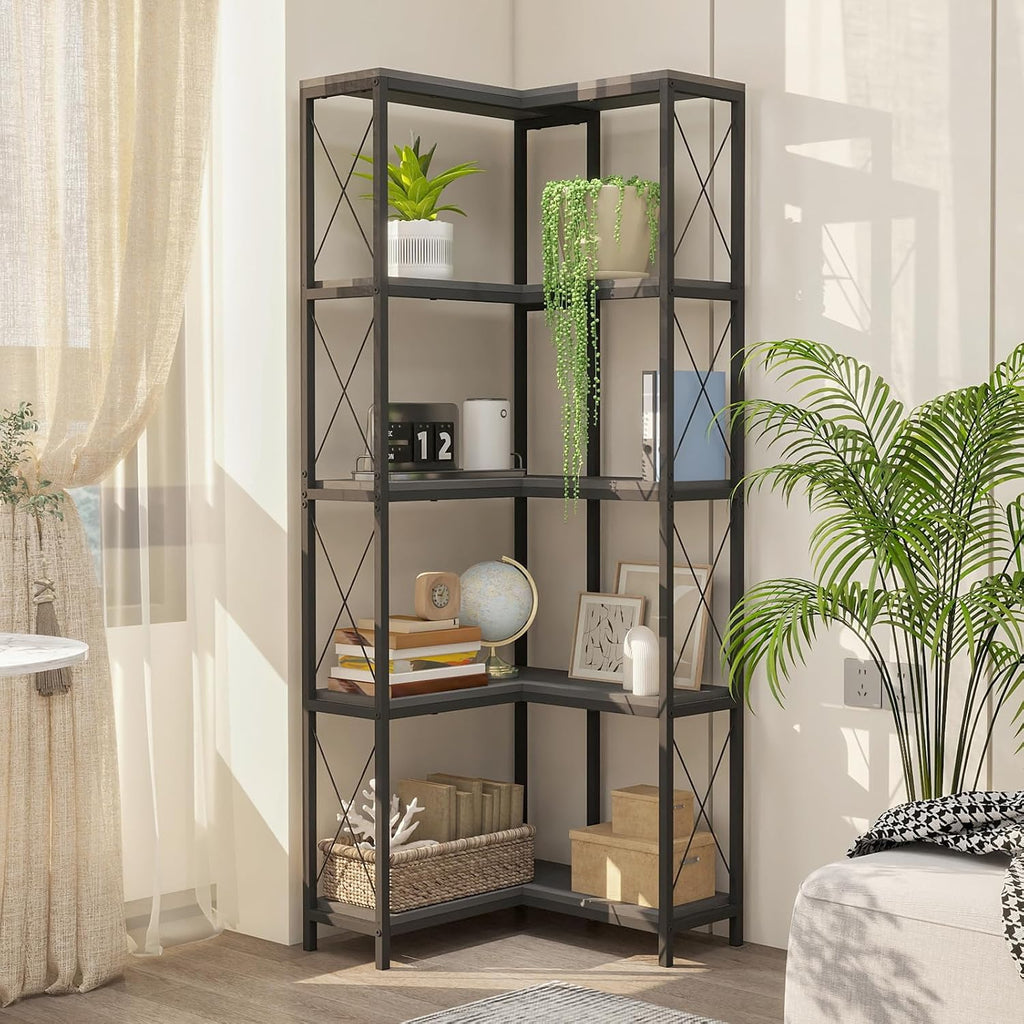 Corner Bookshelf, 5 Tier Industrial Style Design Corner Shelf with Metal Frame and Open Shelves for Living Room, Bedroom, Study, Black