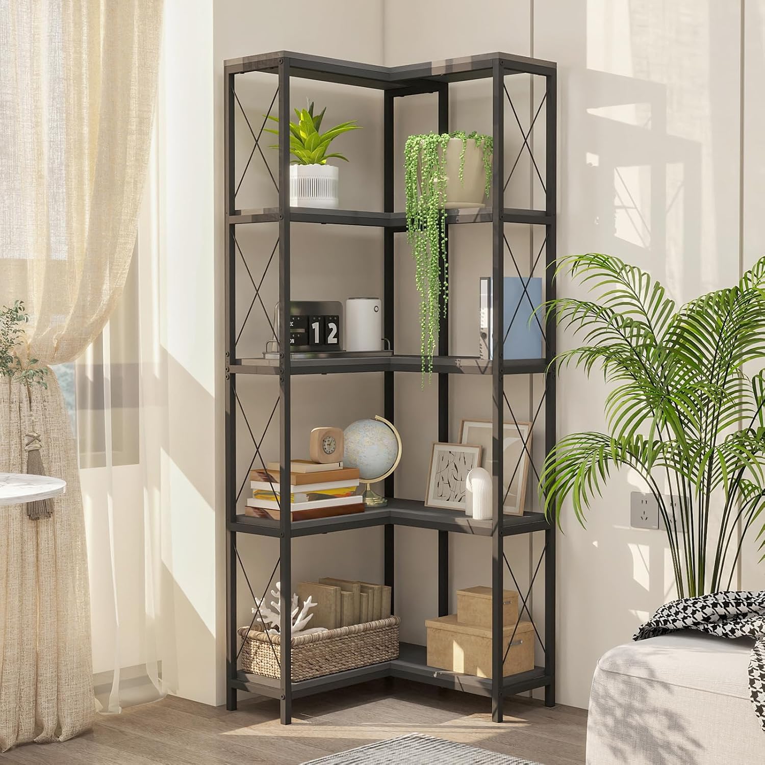 Corner Bookshelf, 5 Tier Industrial Style Design Corner Shelf with Metal Frame and Open Shelves for Living Room, Bedroom, Study, Black